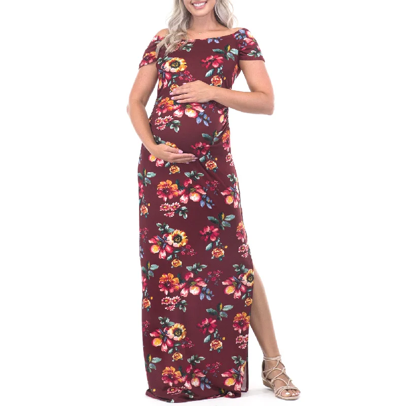 Maternity Short Sleeve Ruched Bodycon Floral Dress with Side Slit