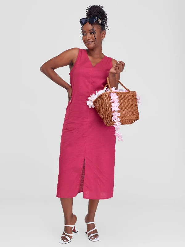 Alara Long A-Line Sleeveless Dress With Double Pockets - Pink