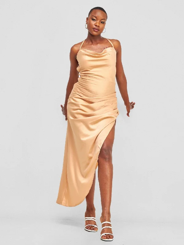 Lola Backless Strappy Satin Dress  With High Side Slit - Tan