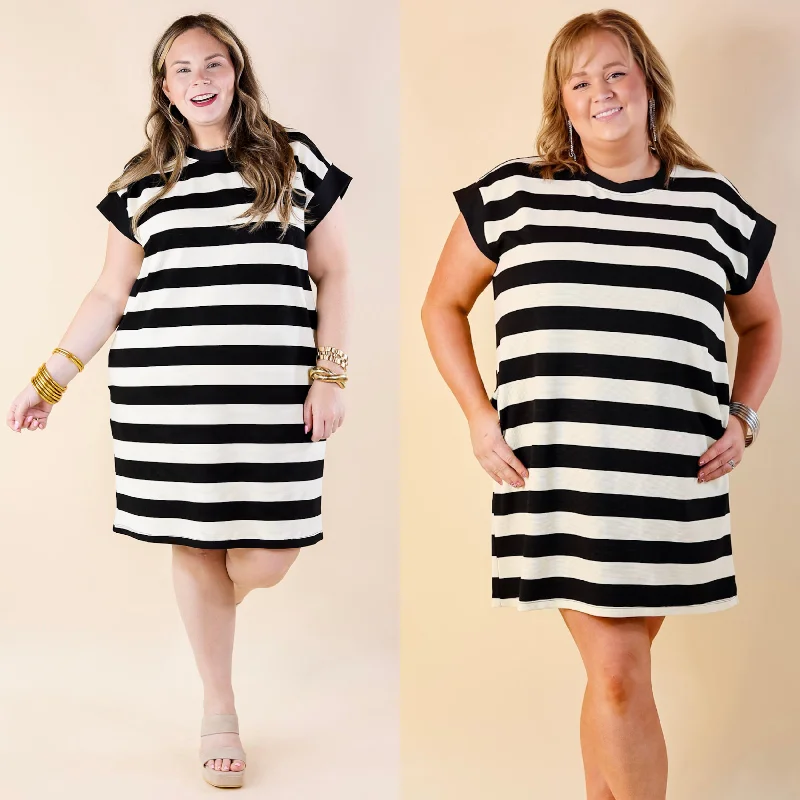 Stripe it Simple Striped Dress with Cap Sleeves in Black and Cream