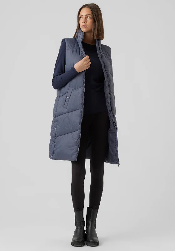 Vero Moda Sala Long Padded Gilet, Ombre Blue